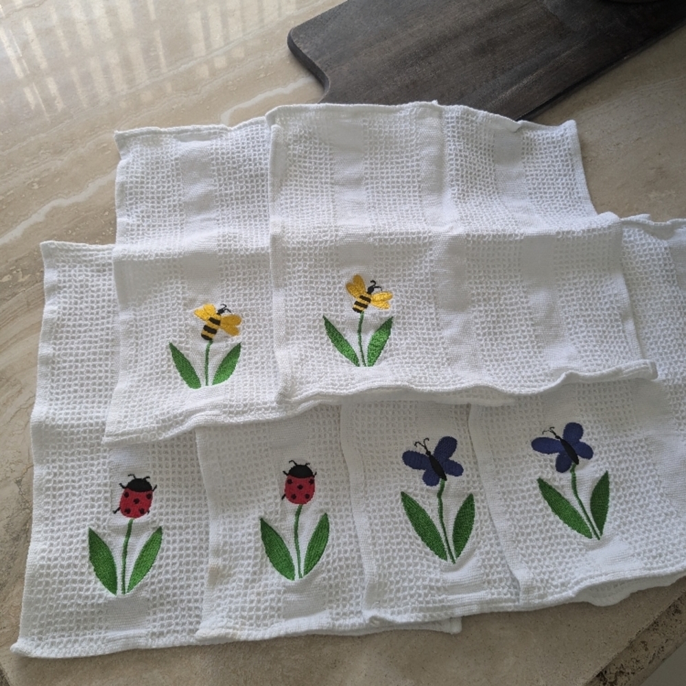 White Hand Towels with Embroidered Insects